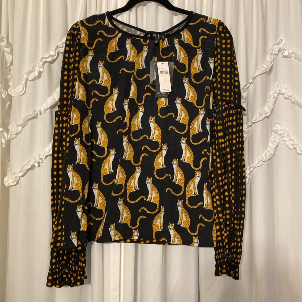 Anthropologie Blank London Women Size S Black Yellow Cheetahs Long Sleeve